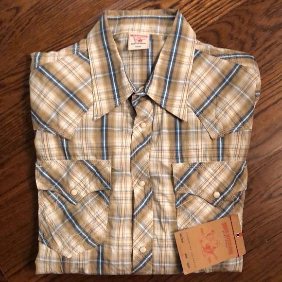 TRUE RELIGION Long Sleeve Tan Turquoise Plaid Western Pearl Button Down Shirt 3X - Picture 1 of 10